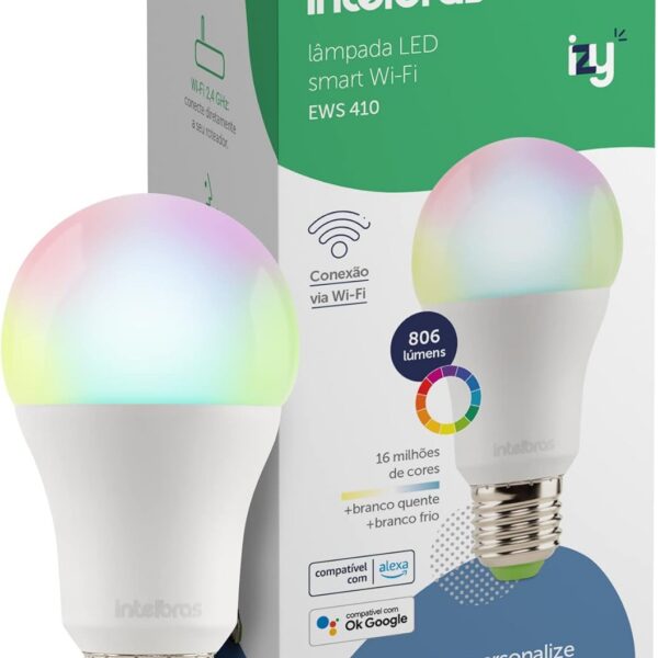 Lâmpada Smart Intelbras EWS 410: 16 milhões de cores, controle por voz e app, 10W, compatível com Alexa e Google Assistente.
