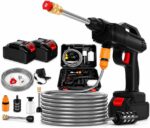 Lavadora de Alta Pressão Portátil Sem Fio 48V: limpeza potente, portátil e prática para carro, moto, quintal e jardim, com 2 baterias e kit completo.