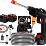Lavadora de Alta Pressão Portátil Sem Fio 48V: limpeza potente, portátil e prática para carro, moto, quintal e jardim, com 2 baterias e kit completo.