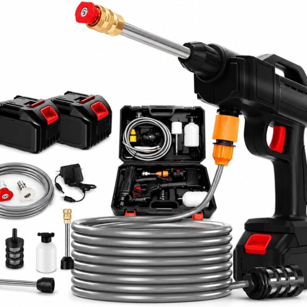 Lavadora de Alta Pressão Portátil Sem Fio 48V: limpeza potente, portátil e prática para carro, moto, quintal e jardim, com 2 baterias e kit completo.