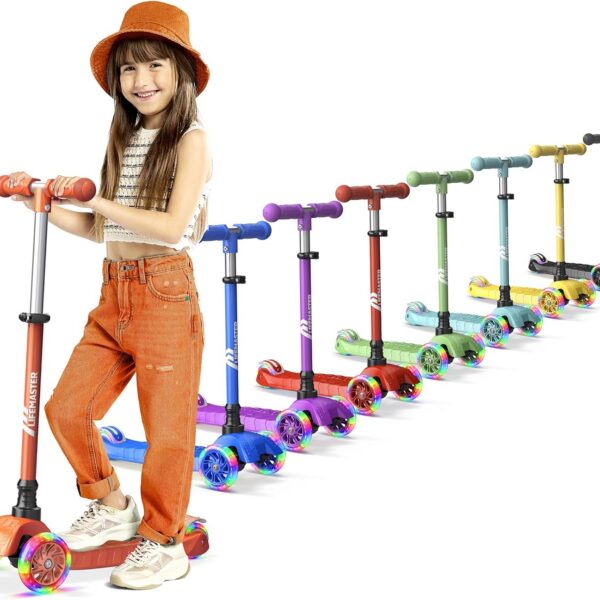 Lifemaster: scooter infantil com luzes LED, 3 rodas e guidão ajustável para mais segurança e diversão.