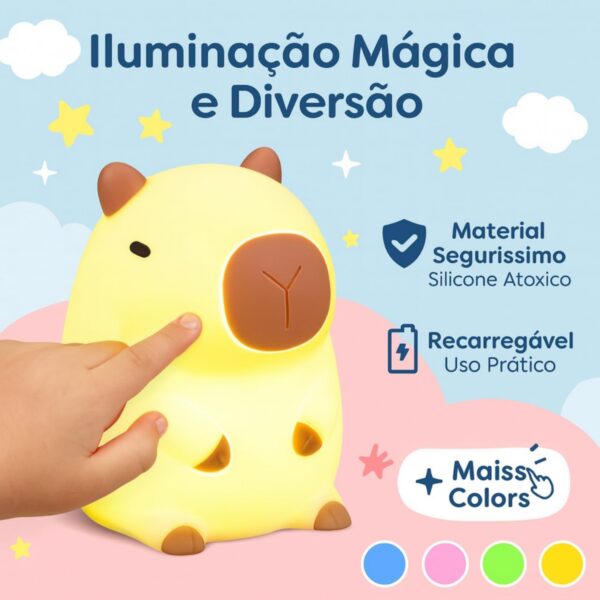 Luminária LED Capivara de Silicone USB-C: luz noturna RGB ao toque, recarregável e ideal para quartos infantis.