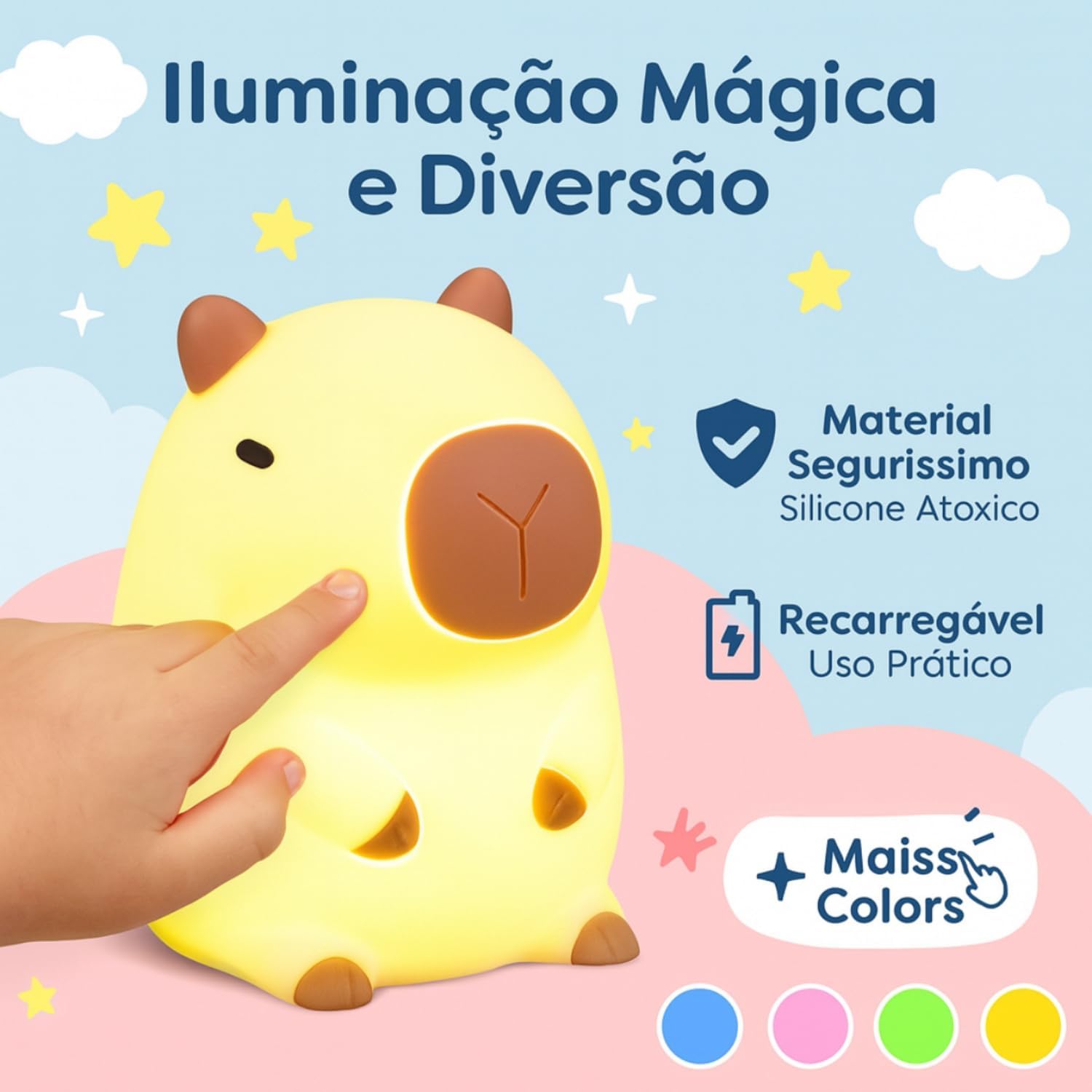 Luminária LED Capivara de Silicone USB-C: luz noturna RGB ao Luminária LED Capivara de Silicone USB-C: luz noturna RGB ao toque, recarregável e ideal para quartos infantis.