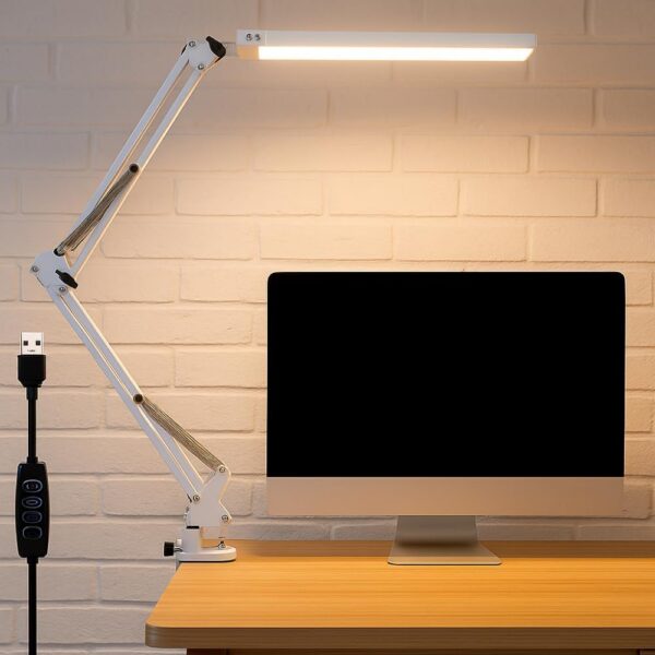 Luminária LED de Mesa com Braço Articulado: iluminação ajustável, fixação por clamp e conforto ideal para home office, estudo e leitura