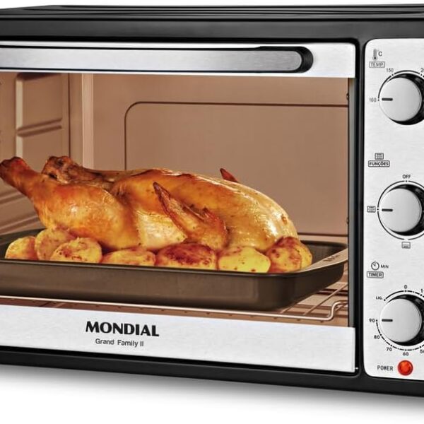 MONDIAL Forno Elétrico 52L Grand Family II: 1800W, 3 funções de aquecimento e timer de 90 min para assar com praticidade.