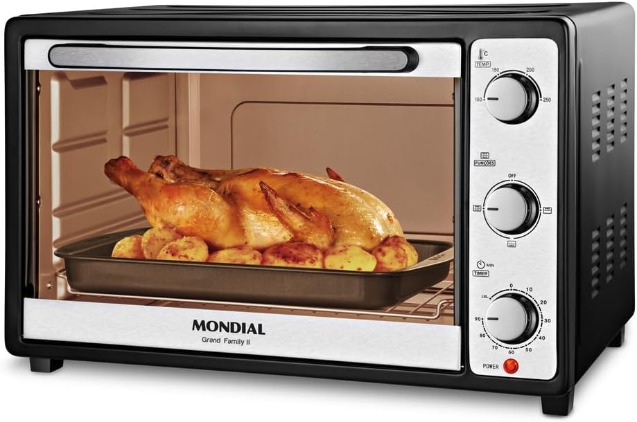 MONDIAL Forno Elétrico 52L Grand Family II: 1800W, 3 funções MONDIAL Forno Elétrico 52L Grand Family II: 1800W, 3 funções de aquecimento e timer de 90 min para assar com praticidade.