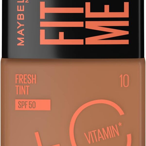 Maybelline Fit Me Fresh Tint: glow natural, Vitamina C e FPS 50 para pele uniforme e controle da oleosidade.