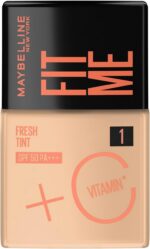 Maybelline NY Fit Me Fresh Tint: cobertura leve, glow natural, Vitamina C e FPS 50 para pele uniforme e protegida.