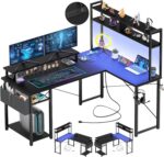 Mesa Aheaplus em L com LED, tomadas e suporte para monitor, ideal para jogos e home office compactos