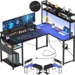Mesa Aheaplus em L com LED, tomadas e suporte para monitor, ideal para jogos e home office compactos