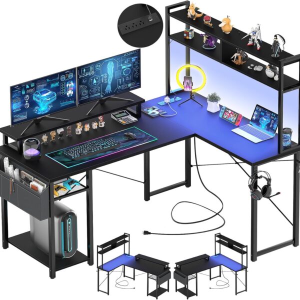 Mesa Aheaplus em L com LED, tomadas e suporte para monitor, ideal para jogos e home office compactos