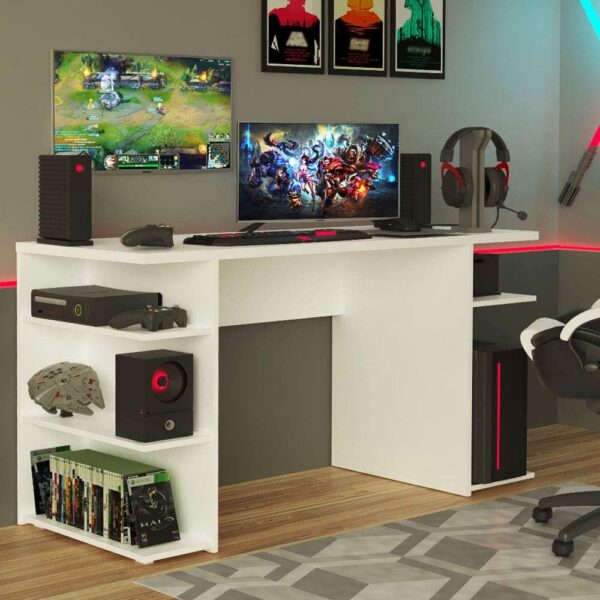 Mesa Gamer Madesa 9409 Branco: design resistente em MDP e acabamento durável para seu setup gamer.
