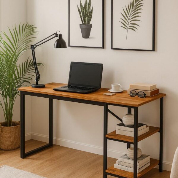 Mesa Home Office com prateleiras de metal, design moderno e compacto para otimizar seu espaço.