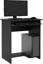 Mesa computador preta com gaveta para teclado e espaço para CPU, ideal para home office compacto e moderno