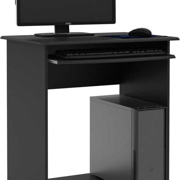 Mesa computador preta com gaveta para teclado e espaço para CPU, ideal para home office compacto e moderno