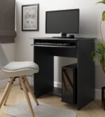 Mesa computador preta com gaveta para teclado e espaço para CPU, ideal para home office compacto e moderno - Imagem 2