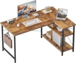 Mesa de computador pequena em L Mericonia: ideal para espaços pequenos, com prateleiras, gancho e design reversível resistente