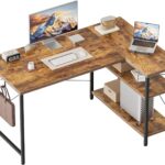 Mesa de computador pequena em L Mericonia: ideal para espaços pequenos, com prateleiras, gancho e design reversível resistente