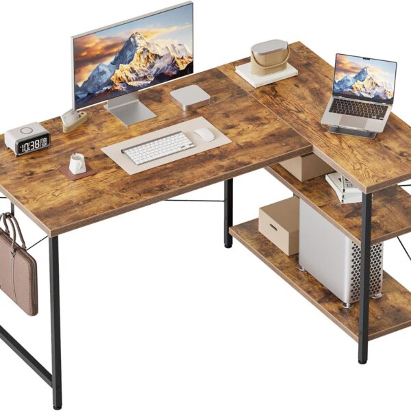 Mesa de computador pequena em L Mericonia: ideal para espaços pequenos, com prateleiras, gancho e design reversível resistente