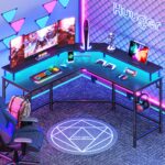 Mesa de jogos Huuger em L com LEDs, tomadas e suporte para monitor: praticidade, organização e imersão total. - Imagem 2
