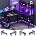 Mesa gamer Aheaplus em L com tomadas, USB, LED e suporte para monitor, ideal para escritório e quarto.