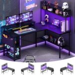 Mesa gamer Aheaplus em L com tomadas, USB, LED e suporte para monitor, ideal para escritório e quarto.