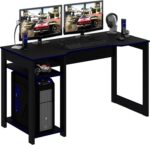 Mesa gamer ME4152 Preto/Azul com tampo anatômico, nicho para CPU e espaço para 2 monitores.