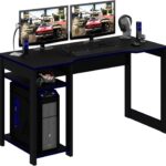 Mesa gamer ME4152 Preto/Azul com tampo anatômico, nicho para CPU e espaço para 2 monitores.