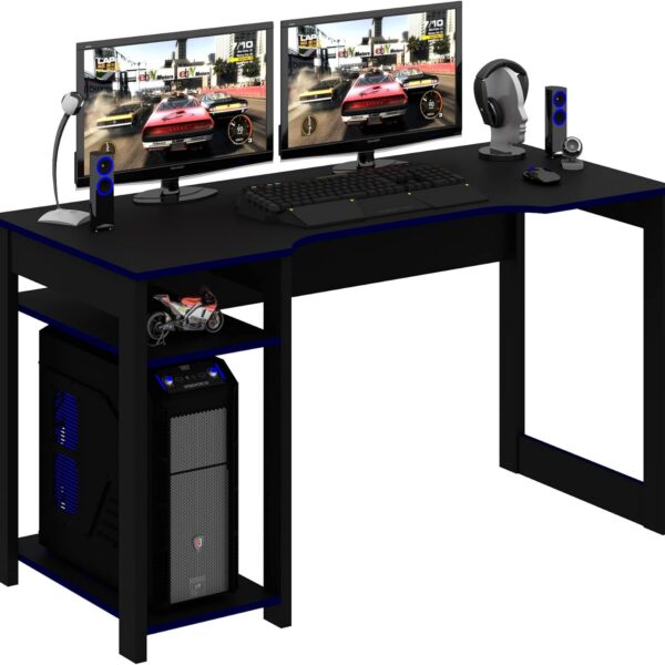 Mesa gamer ME4152 Preto/Azul com tampo anatômico, nicho para CPU e espaço para 2 monitores.