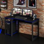 Mesa gamer ME4152 Preto/Azul com tampo anatômico, nicho para CPU e espaço para 2 monitores. - Imagem 2