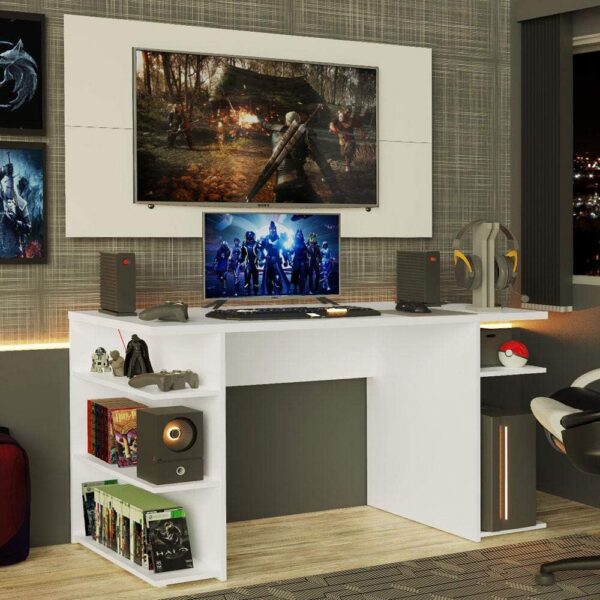 Mesa para Computador Gamer Madesa 9409 e Painel para TV até 50 Polegadas Branco: mais espaço e versatilidade para estudo ou trabalho.