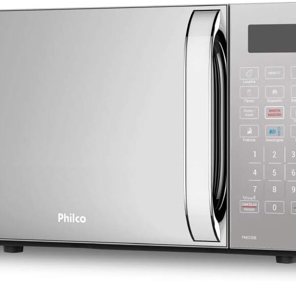 Micro-ondas Philco 20L Espelhado PMO23E: 1100W, Menu FIT e Limpa Fácil para mais praticidade no dia a dia.