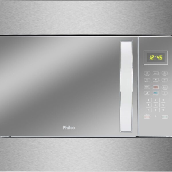Microondas Philco 33L Prata Espelhado Limpa Fácil PMB38E 127V com 1400W, função descongelar e receitas pré-programadas para sua cozinha.