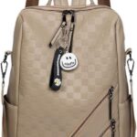 Mochila Feminina de Couro PU Bege: compacta, impermeável e versátil para uso diário, trabalho, escola e viagens.