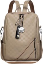 Mochila Feminina de Couro PU Bege: compacta, impermeável e versátil para uso diário, trabalho, escola e viagens.