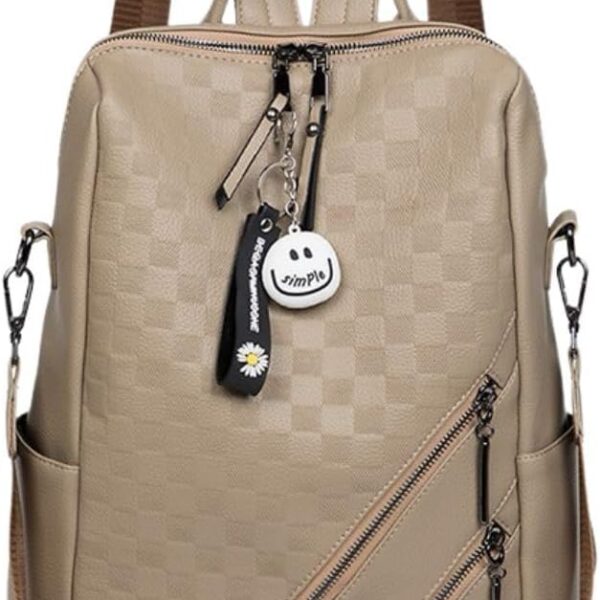 Mochila Feminina de Couro PU Bege: compacta, impermeável e versátil para uso diário, trabalho, escola e viagens.