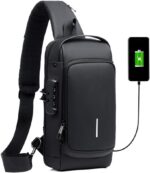 Mochila Transversal Unissex Antifurto Impermeável com USB e Cadeado, ideal para segurança e praticidade diária.
