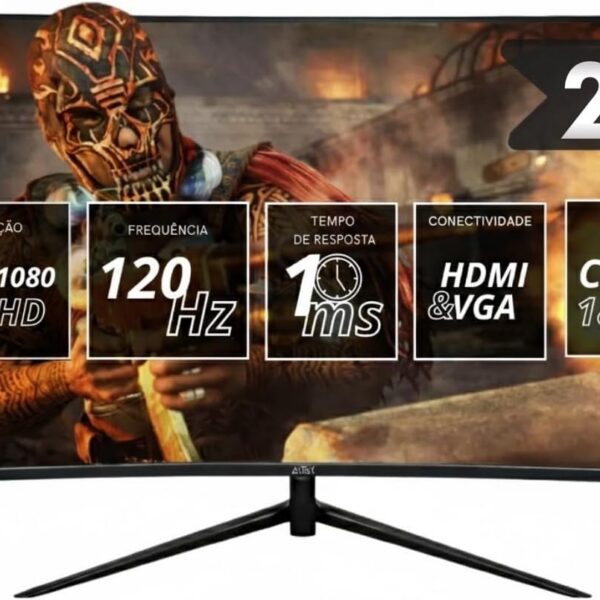 Monitor Gamer Curvo 27" Tela VA Full HD 1920x1080, 120Hz/1ms HDMI/VGA/DisplayPort, FreeSync, Padrão VESA, curvatura 1800R, para Jogos Trabalho Entretenimento