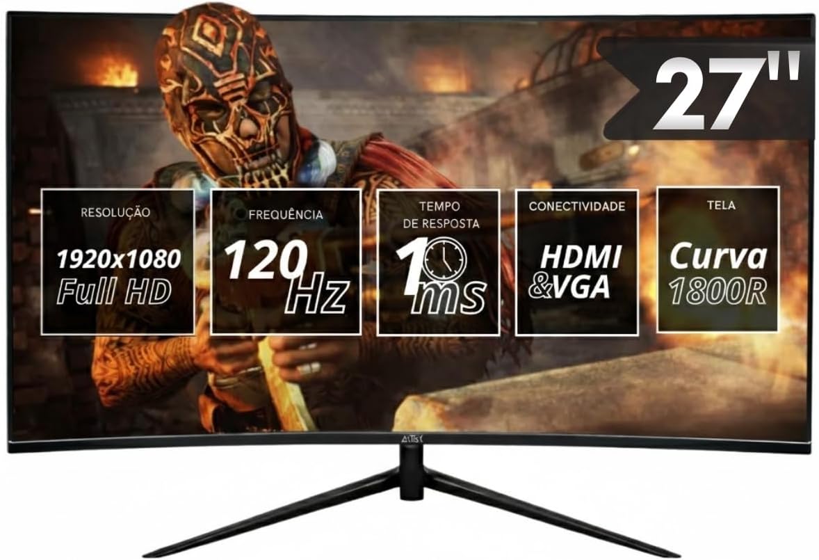 Monitor Gamer Curvo 27" Tela VA Full HD 1920x1080, 120Hz/1ms Monitor Gamer Curvo 27" Tela VA Full HD 1920x1080, 120Hz/1ms HDMI/VGA/DisplayPort, FreeSync, Padrão VESA, curvatura 1800R, para Jogos Trabalho Entretenimento
