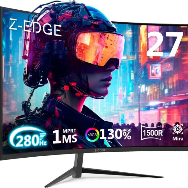Monitor Gamer Curvo 27 polegadas Z-Edge, FHD 1080P 280Hz 1500R, monitor MPRT ultrarrápido de 1 ms,16,7 milhões de cores, 2 x DP 1.2/2 x HDMI 2.0, Ajuste de Inclinação, Suporte VESA, Sem Bordas