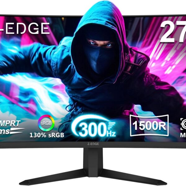 Monitor Gamer Curvo 27 polegadas Z-Edge, FHD 1080P, 300 Hz, 280 Hz e 240 Hz, monitor pc 1500R, MPRT de 1 ms, 2 portas DP 1.4 e 2 portas HDMI 2.0, Ajuste de Inclinação, Suporte VESA, Sem Bordas