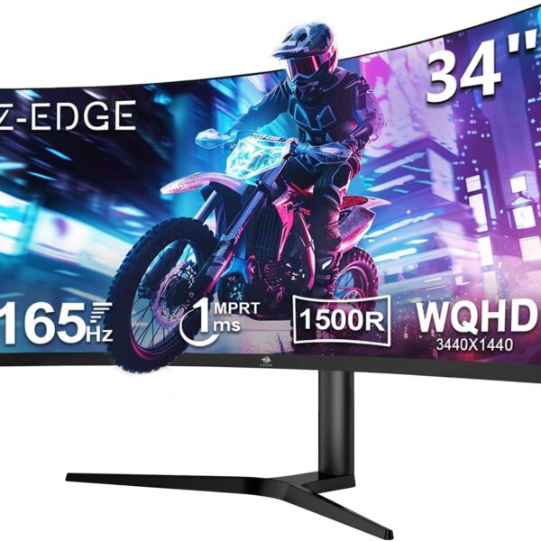 Monitor Gamer Curvo Ultrawide 34 polegadas Z-Edge, 165Hz, 1 ms, 21:9, 3440x1440 WQHD R1500, FreeSync, HDMI 2.0/DP 1.4, Ajuste de Inclinação/giro/altura, Sem Bordas