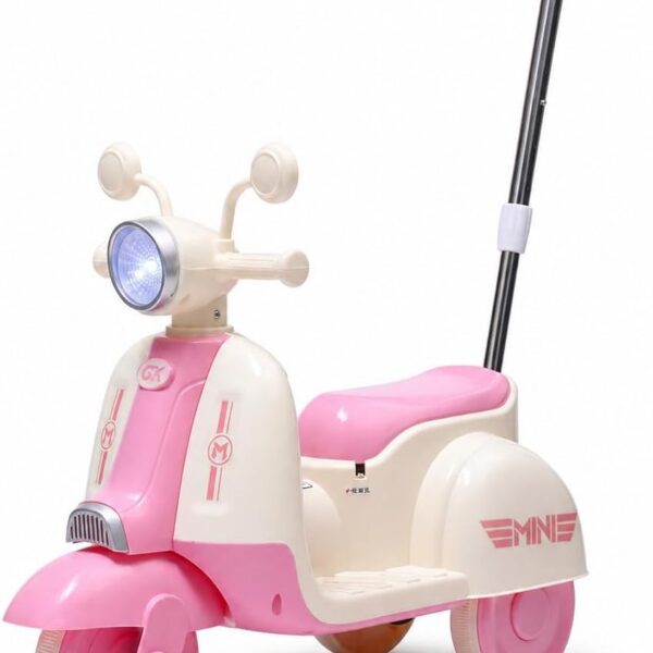 Moto Elétrica Infantil 6V Rosa e Branca com Haste Guia, LED, USB, MP3 e INMETRO para passeios seguros