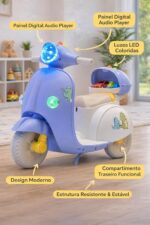 Moto elétrica infantil azul claro com LED, som, USB e painel digital para diversão segura e interativa. - Imagem 2