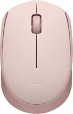 Mouse sem fio Logitech M170 rosa com conexão USB, design ambidestro e pilha inclusa para uso prático e confortável.