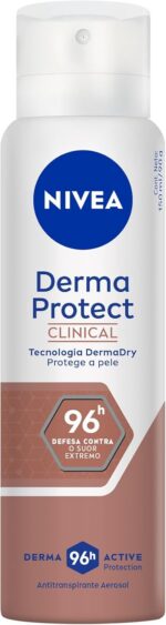 NIVEA Derma Protect Clinical 150ml: proteção intensa 96h contra suor excessivo e mau odor, com toque suave e cuidado para a pele.