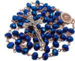 Nazareth Store Colar Rosário Azul Profundo com Medalha do Solo Sagrado e Cruz Antiga para Oração Católica