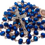 Nazareth Store Colar Rosário Azul Profundo com Medalha do Solo Sagrado e Cruz Antiga para Oração Católica