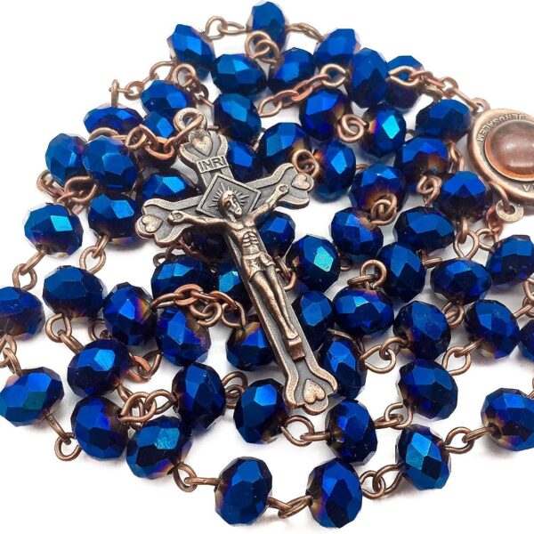 Nazareth Store Colar Rosário Azul Profundo com Medalha do Solo Sagrado e Cruz Antiga para Oração Católica