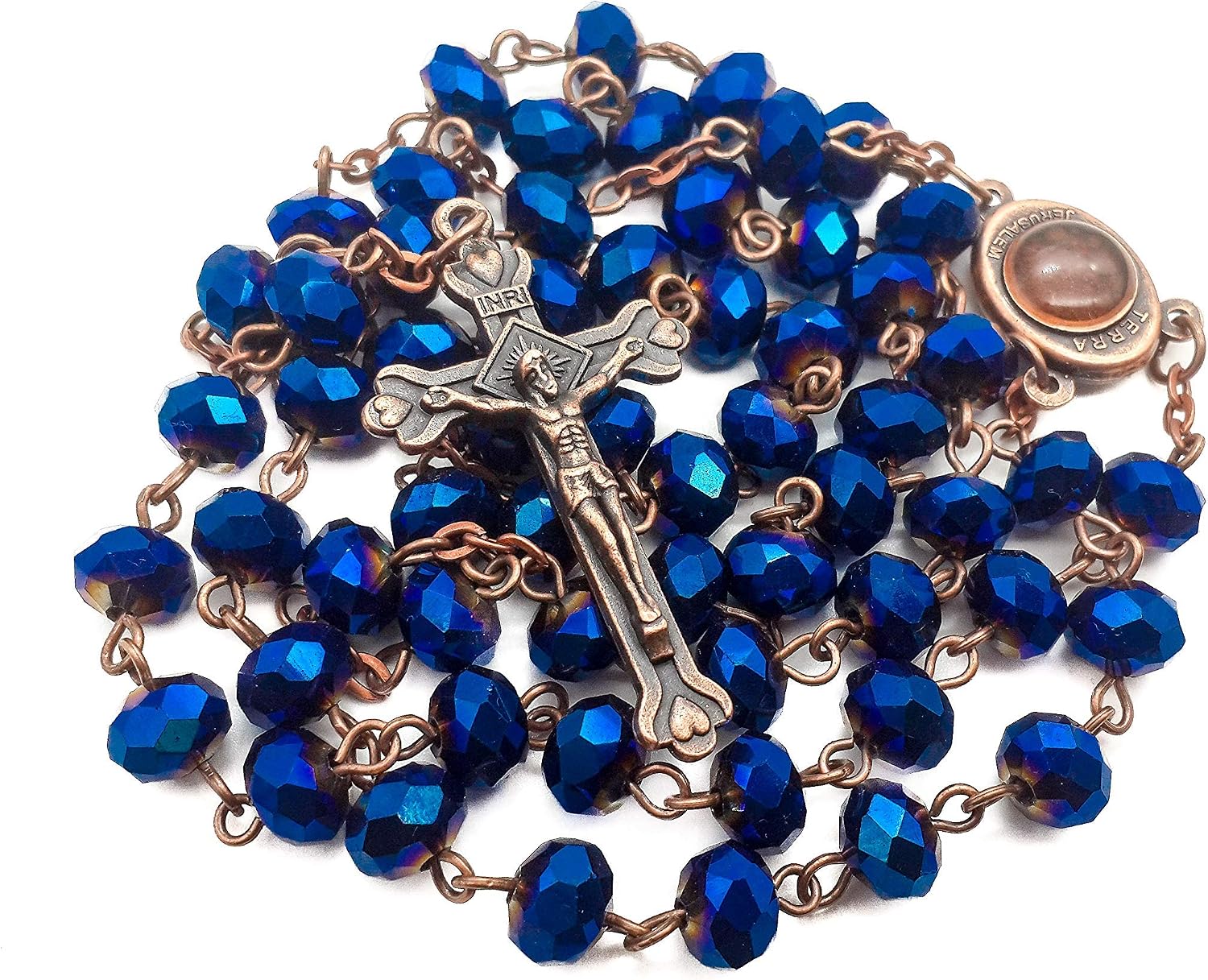 Nazareth Store Colar Rosário Azul Profundo com Medalha do Solo Nazareth Store Colar Rosário Azul Profundo com Medalha do Solo Sagrado e Cruz Antiga para Oração Católica